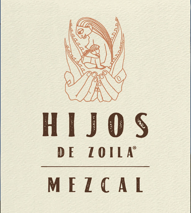 Logo of Hijos de Zoila Mezcal featuring a stylized woman and his son, nestled within agave leaves and held by a pair of hands, with the brand name “Hijos de Zoila Mezcal” in bold, rustic typography below.