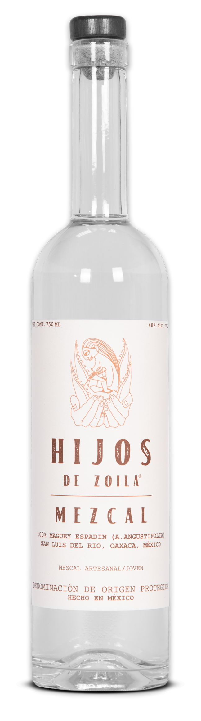 Clear glass bottle of Hijos de Zoila Mezcal with minimalist label and natural cork Stopper